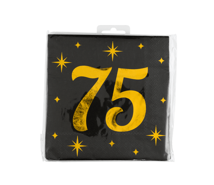 75 Jaar Servetten Zwart Goud 19cm 16st van Paper Dreams koop je bij Partywinkel