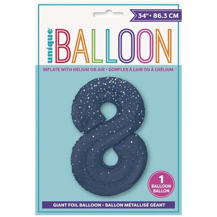 8 Jaar Cijfer Ballon Donkerblauw Stippen 86cm van Unique koop je bij Partywinkel
