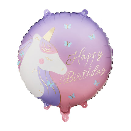 Folieballon rond Happy Birthday met eenhoorn, 35x35 cm, mix