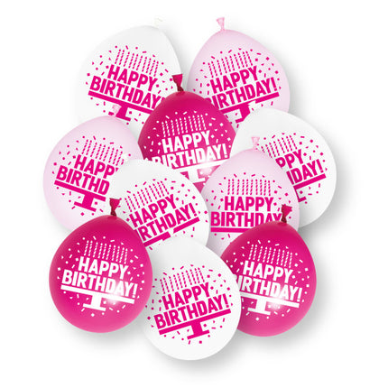 Assortiment roze ‘Happy Birthday’-latexballonnen, 23 cm, 10 stuks