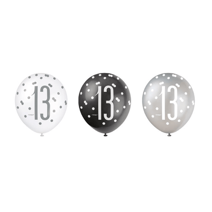 Ballonnen 13 Jaar Stippen Zwart 30cm 6st van Unique koop je bij Partywinkel