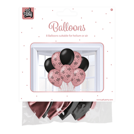 Ballonnen 16 Jaar Rose Zwart 30cm 8st van Paper Dreams koop je bij Partywinkel