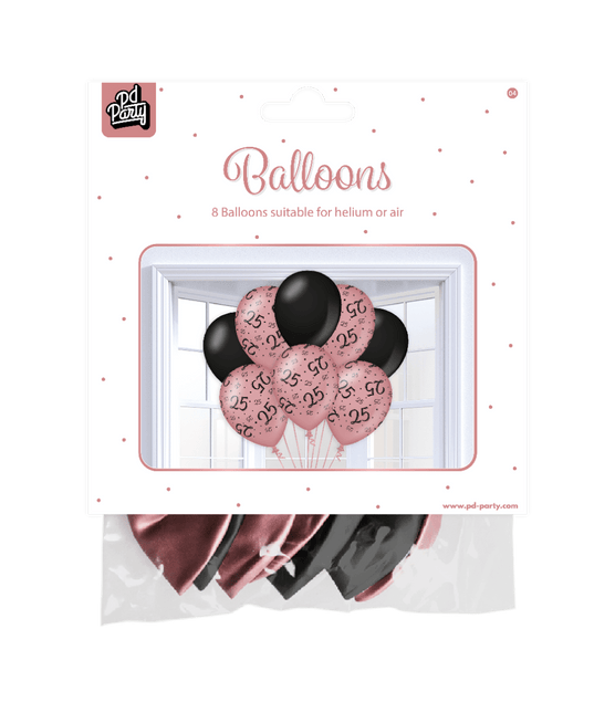 Ballonnen 25 Jaar Rose Zwart 30cm 8st van Paper Dreams koop je bij Partywinkel