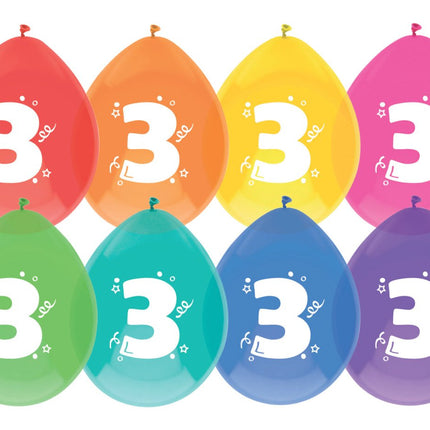 Ballonnen 3 Jaar Gekleurd 30cm 8st van Haza Witbaard koop je bij Partywinkel