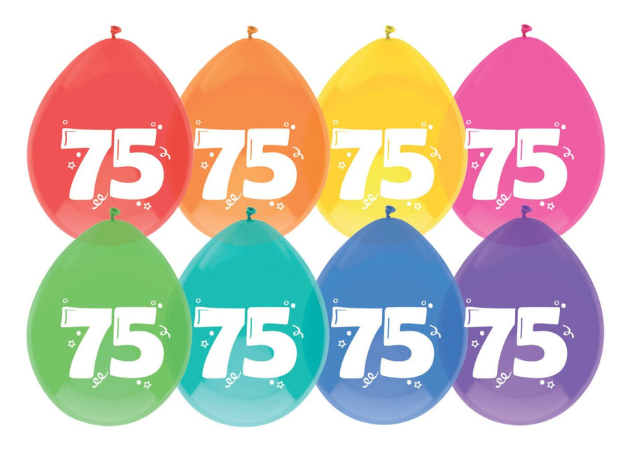Ballonnen 75 Jaar Gekleurd 30cm 8st van Haza Witbaard koop je bij Partywinkel