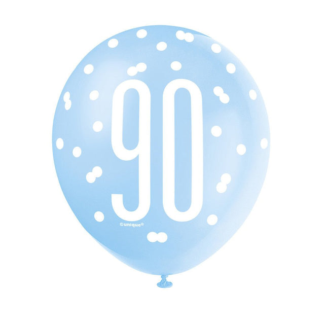 Ballonnen 90 Jaar Stippen Blauw 30cm 6st van Unique koop je bij Partywinkel