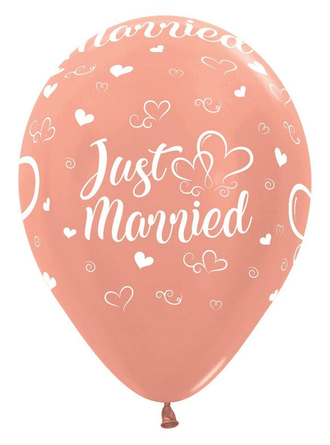 Ballonnen Just Married Hearts Metallic Rose Gold 30cm 25st van Sempertex koop je bij Partywinkel