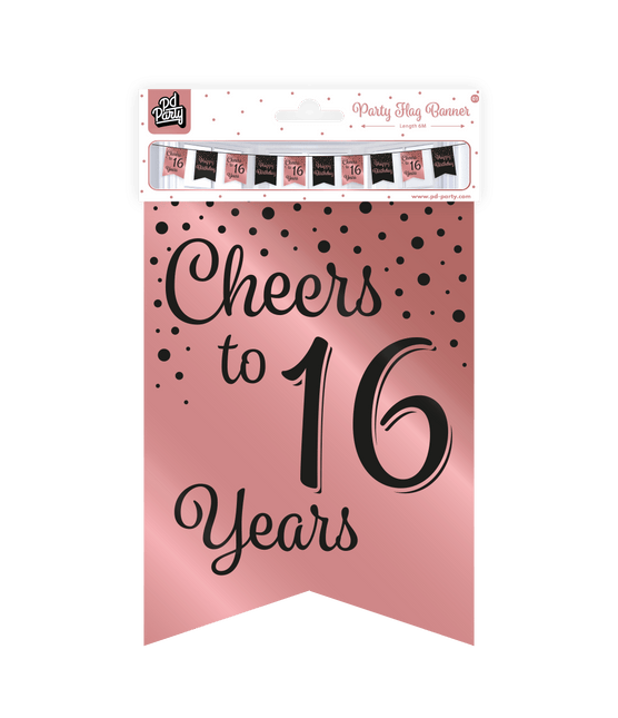 Banner 16 Jaar Roze Zwart 6m van Paper Dreams koop je bij Partywinkel