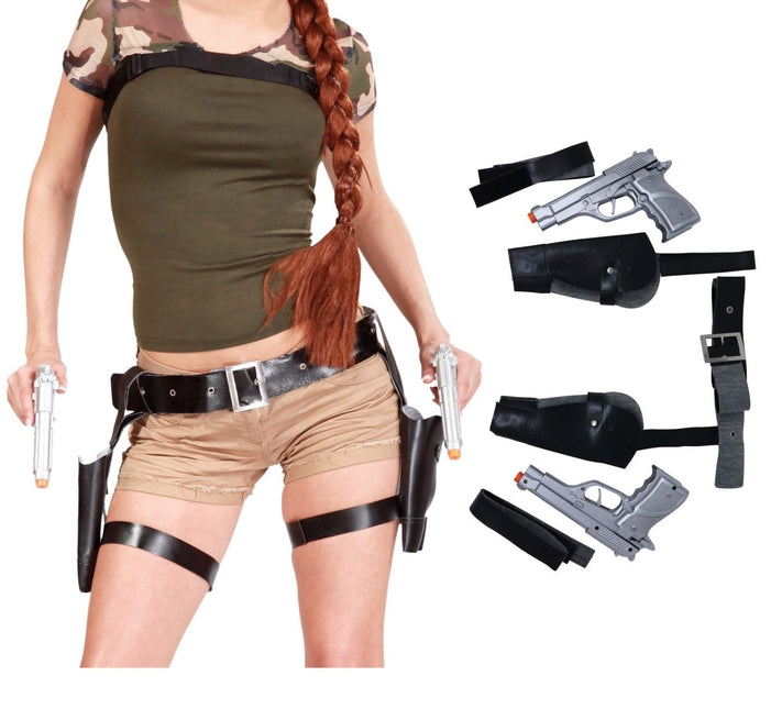 Beenholsters Tomb Raider en Pistolen van Fiestas Guirca koop je bij Partywinkel