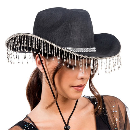 Zwarte Cowboyhoed met Hangende Strass One Size