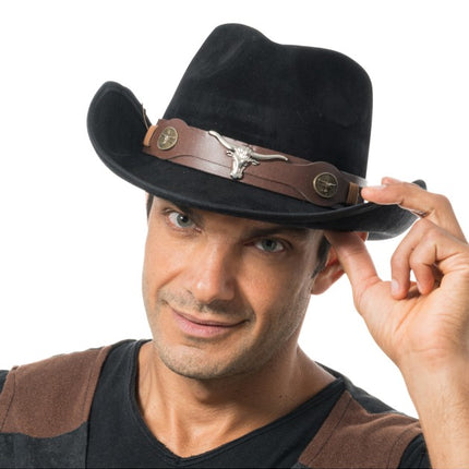 Zwarte Cowboyhoed met Stierenkop One Size