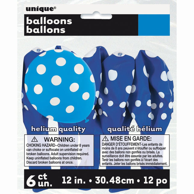 Blauwe Ballonnen Witte Stippen 30cm 6st van Unique koop je bij Partywinkel