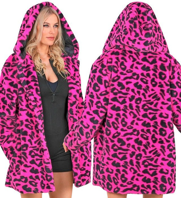 Bontjas Met Muts Pluche Luipaard Neon Roze van Widmann koop je bij Partywinkel
