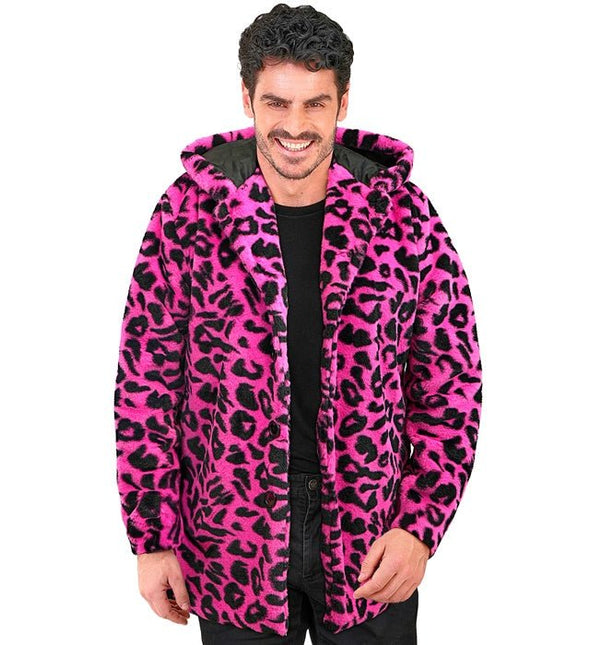 Bontjas Met Muts Pluche Luipaard Neon Roze van Widmann koop je bij Partywinkel