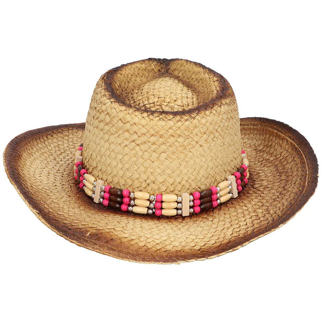 Bruine Stro Hoed Met Kralen van Boland koop je bij Partywinkel