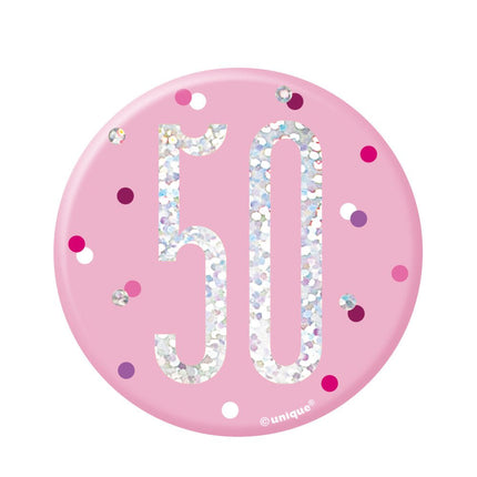 Button 50 Jaar Roze 7cm van Unique koop je bij Partywinkel