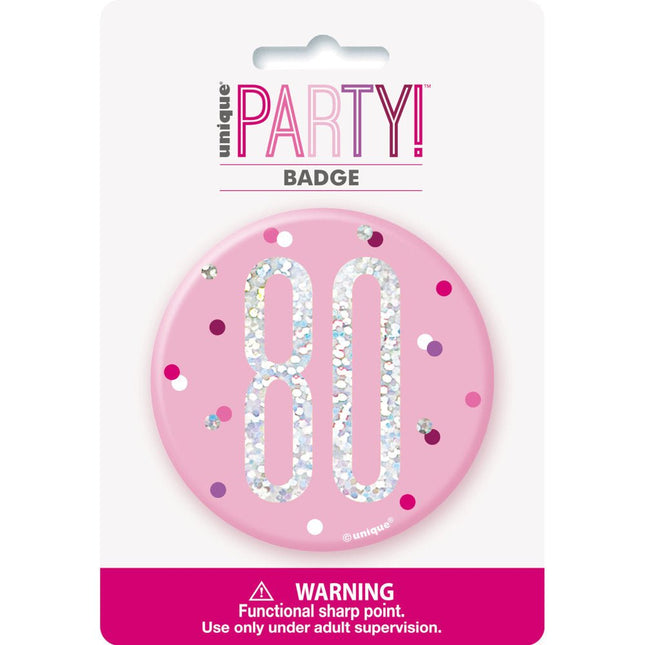 Button 80 Jaar Roze 7cm van Unique koop je bij Partywinkel