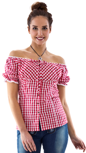 Carmenblouse rood - wit ruit, striklint van Haus Huberts koop je bij Partywinkel