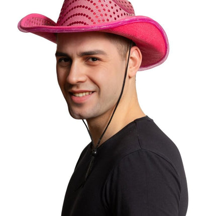 Cowboy Hoed Neon Roze Pailletten Met Licht van Partychimp koop je bij Partywinkel