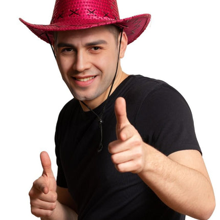 Cowboy Hoed Pailletten Neon Roze van Partychimp koop je bij Partywinkel