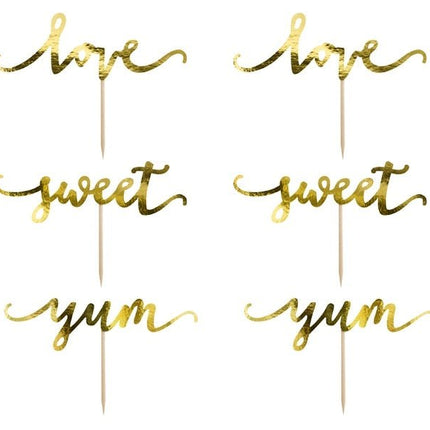Cupcake Toppers Goud Sweet Love Yum 13cm 6st van Partydeco koop je bij Partywinkel