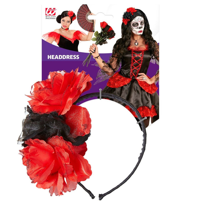 Dia De Los Muertos Haarband Rood Zwart Bloemen van Widmann koop je bij Partywinkel