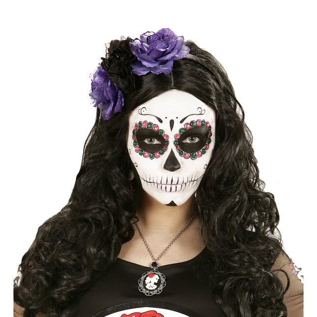 Dia De Los Muertos Haarband Zwart Paars Bloemen van Widmann koop je bij Partywinkel