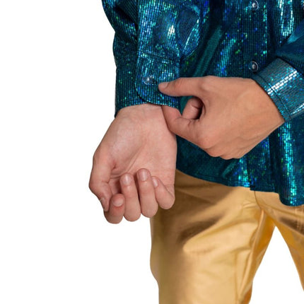 Disco 70S Blouse Blauw Glans van Partychimp koop je bij Partywinkel