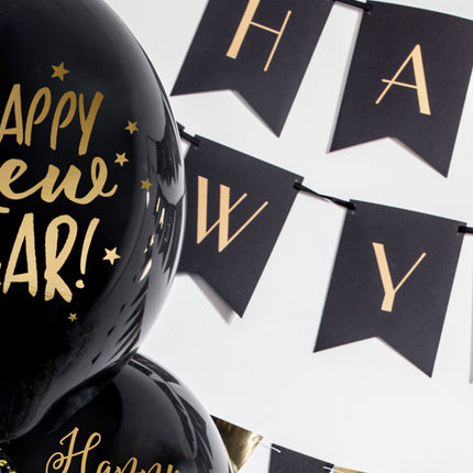 Happy New Year Ballonnen Zwart 30cm 6st