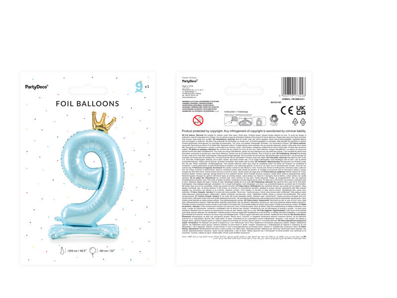 Folie Ballon Cijfer 9 Lichtblauw Standaard Leeg 84cm