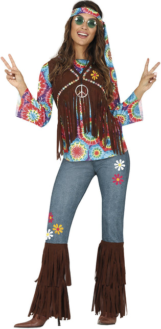 Hippie 60S Kostuum Gekleurd Dames Met Bruin Vest