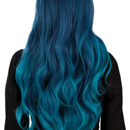 Pruik Selena Lang Haar Met Krullen Zwart Petrol Blauw