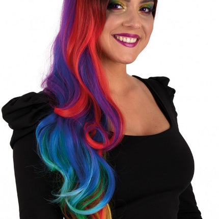 Pruik Selena Lang Met Krullen Regenboog All Over