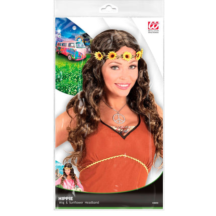 Hippie 60S Pruik Bruin Met Zonnebloemen Haarband