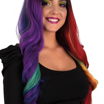 Pruik Selena Lang Met Krullen Regenboog Two Sides