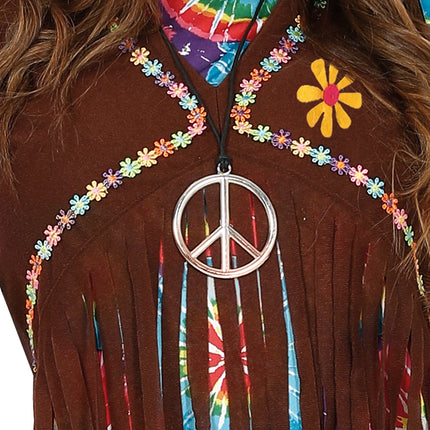 Hippie 60S Kostuum Gekleurd Dames Met Bruin Vest