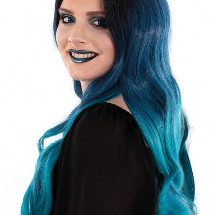 Pruik Selena Lang Haar Met Krullen Zwart Petrol Blauw