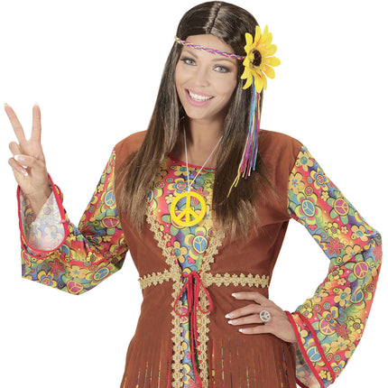Hippie 60S Pruik Bruin Met Zonnebloem Haarband