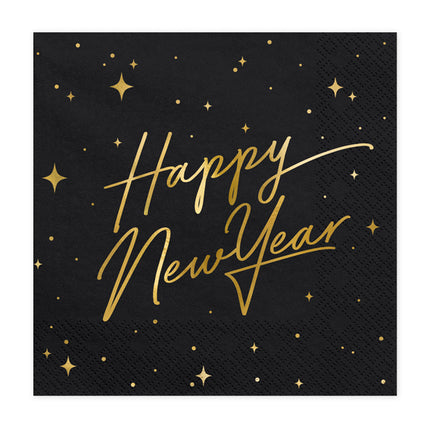 Happy New Year Servetten Zwart 33cm 20st