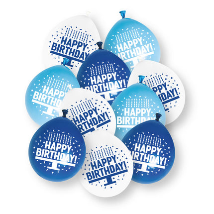 Assortiment blauwe ‘Happy Birthday’-latexballonnen, 23 cm 10 stuks