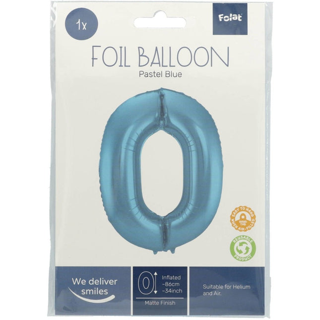 Folie Ballon Cijfer 0 Pastel Blauw XL 86cm leeg van Folat koop je bij Partywinkel
