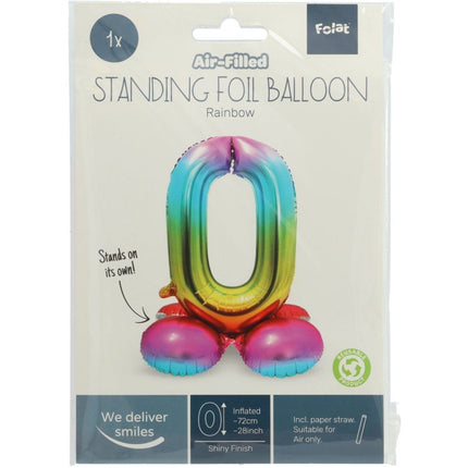 Folie Ballon Cijfer 0 Regenboog met standaard 72cm van Folat koop je bij Partywinkel