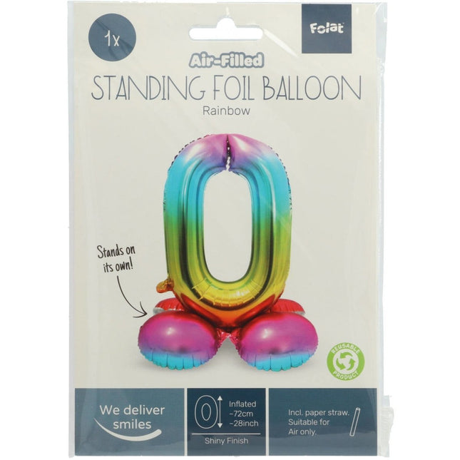 Folie Ballon Cijfer 0 Regenboog met standaard 72cm van Folat koop je bij Partywinkel
