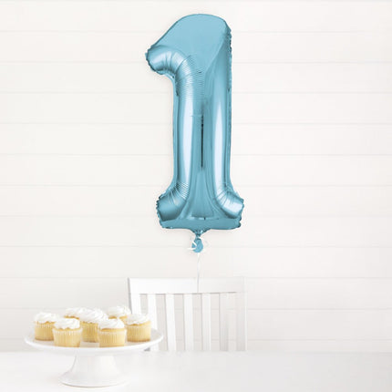 Folie Ballon Cijfer 1 Lichtblauw XL 86cm leeg van Unique koop je bij Partywinkel