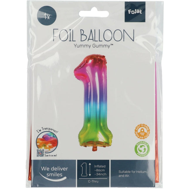 Folie Ballon Cijfer 1 Regenboog XL 81cm leeg van Folat koop je bij Partywinkel