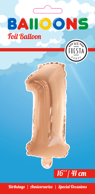 Folie Ballon Cijfer 1 Rose Goud 41cm met Rietje van WeFiesta koop je bij Partywinkel