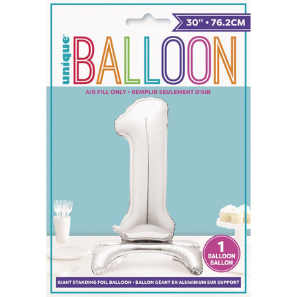 Folie Ballon Cijfer 1 Zilver Standaard 76cm van Unique koop je bij Partywinkel