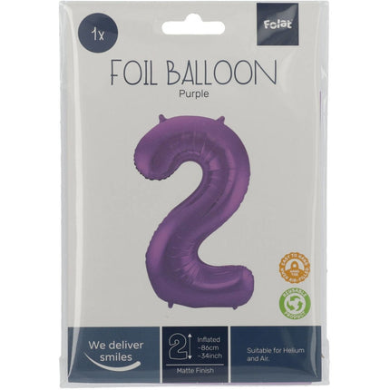 Folie Ballon Cijfer 2 Mat Paars XL 86cm leeg van Folat koop je bij Partywinkel