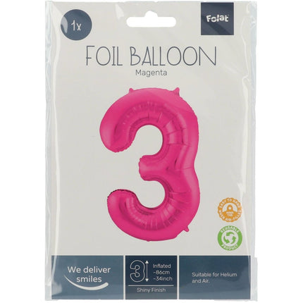 Folie Ballon Cijfer 3 Fuchsia Metallic XL 86cm leeg van Folat koop je bij Partywinkel
