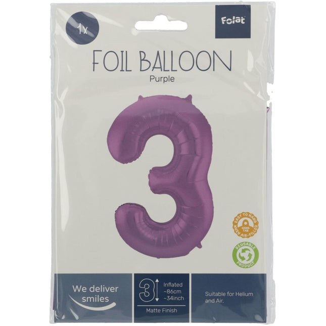 Folie Ballon Cijfer 3 Mat Paars XL 86cm leeg van Folat koop je bij Partywinkel